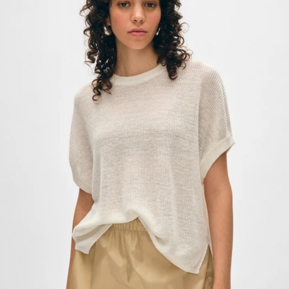 White + Warren white linen short sleeve sweater